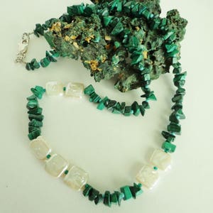Malachite Necklace, Green Malachite Gemstone Beads, Freshwater Cultured Pearls Necklace, Handmade Necklace, Jewelry Gift for Her