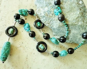 Turquoise Gemstone Necklace, Turquoise Pendant, Turquoise & Black Beads Necklace, OOAK Handcrafted Jewelry Gift for Her