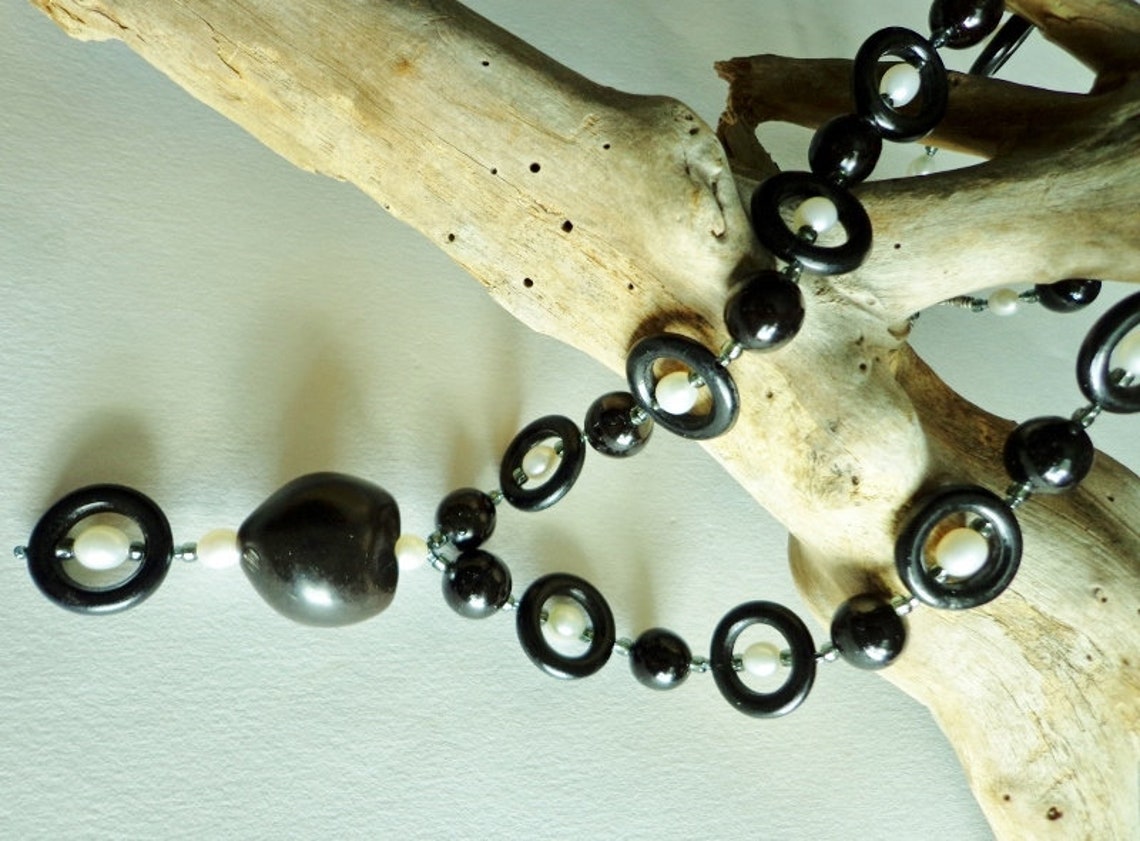 Black Horn & Pearl Dangle Earrings, Freshwater Cultured Pearl Earrings