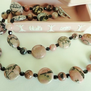 Rhodonite Necklace, Gemstone Beads Necklace, Black Matrix in Rhodonite Stone, Pink & Black Necklace, Handcrafted Jewelry Gift for Her