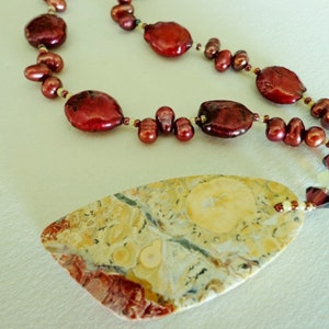 Confetti Jasper Pendant Necklace, Gemstone Necklace, Festive Deep Jewel Tone Cranberry Pearls Necklace, Jewelry Gifts for Her