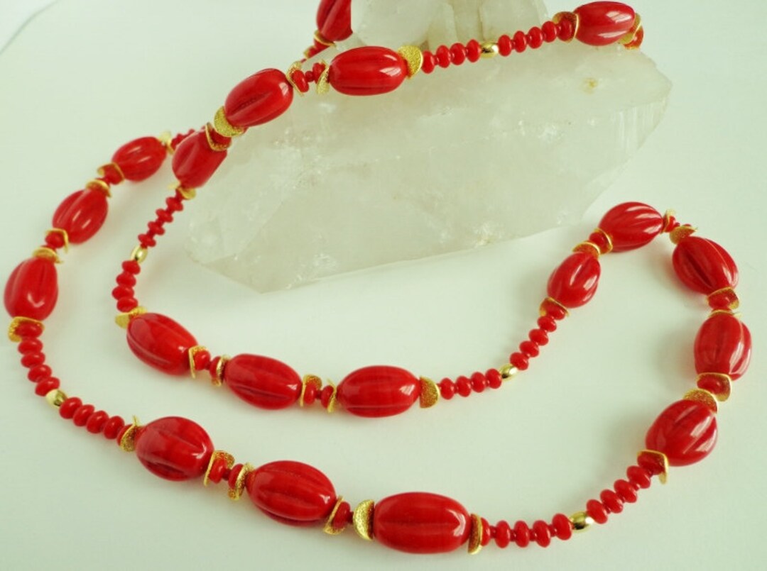 Red Glass Beads Necklace, Vintage Japanese Fiery Red Glass Beaded ...
