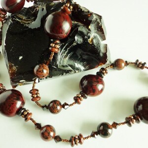 Mahogany Obsidian Necklace,  Mahogany Gemstone Beads Necklace, Dark Brown Natural Bibokao Seeds Beads, OOAK Handcrafted Jewelry Gift for Her