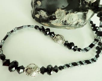 Black Glass Necklace, Jet Black Swarovski Crystal Beads Necklace, Glass Beads Necklace, Statement Necklace, Handmade Necklace, Gift for Her