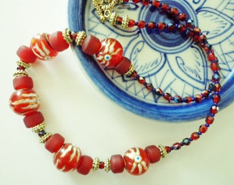 Red, White, Blue Glass Beads Necklace, Decorated Beads Necklace, Short Necklace, OOAK Necklace, Handcrafted Jewelry Gift for Her