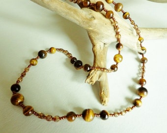 Tiger Eye Necklace, Golden Brown Gemstone Beads Necklace, Handmade Necklace, Gifts for Her, Jewelry Gift