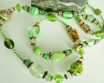 Green Glass Beads Necklace, Lampworked Glass Bead Necklace, Assorted Green Glass Beads, Long Necklace, Boho Style