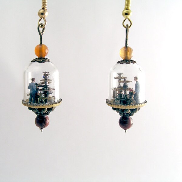 Miniature steampunk glass dome earrings - tiny factory with miniature little people working inside, made from upcycled gears and cogs