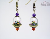 Miniature world earrings, miniature little gardens with tiny little flowers and bushes under glass dome