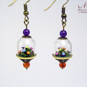 Miniature world earrings, miniature little gardens with tiny little flowers and bushes under glass dome