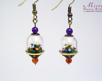 Miniature world earrings, miniature little gardens with tiny little flowers and bushes under glass dome