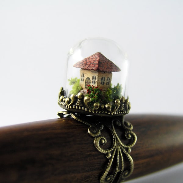 Monde miniature. Petite maison minuscule au milieu du jardin dans un anneau de dôme de verre.