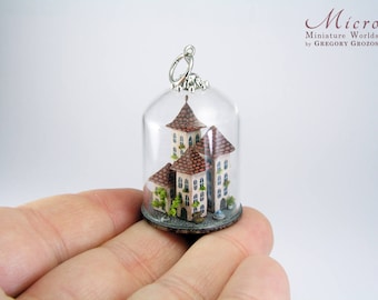 Miniature town in a clear glass dome, exquisitely and richly detailed