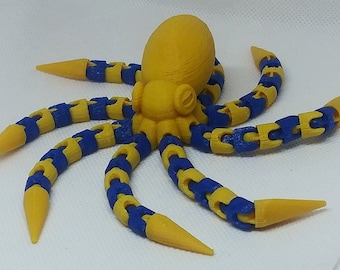 Pulpo articulado, azul amarillo, 3d impreso, juguete, fidget, juguete de escritorio, articulado, flexible