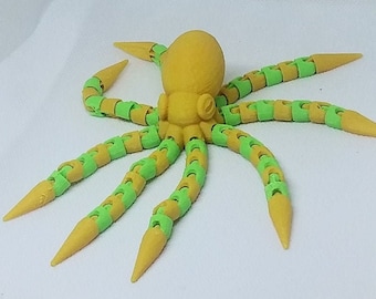 Pulpo articulado, verde amarillo, 3d impreso, juguete, fidget, juguete de escritorio, articulado, flexible