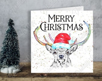 Stag with Santa Hat Paint Splatter Card, Personalised Card, Christmas Card, Greetings Card