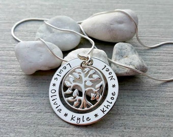 Family tree pendant, sterling silver, hand stamped, personalised, tree of life, family tree necklace, family names, children's names
