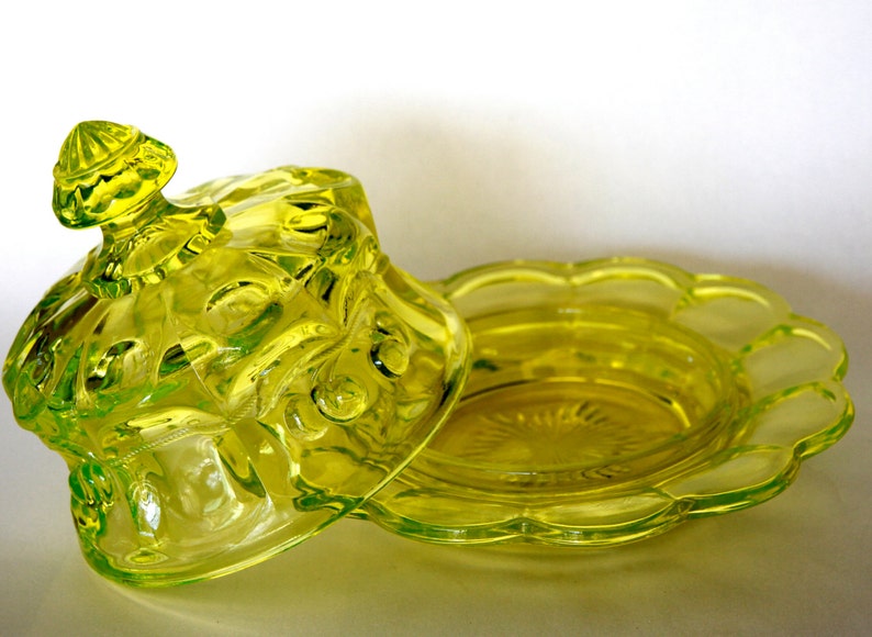 Mosser Vaseline Glass Butter Dish Cherry and Cable Pattern Etsy