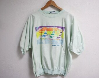 LARGE Vintage 1990s Lake Tahoe Sailboats Swim Beach Water Summer 100% Cotton Pool Shirt