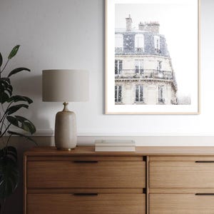 May include: A framed print of a Parisian building in a snowstorm. The print is displayed above a wooden chest of drawers with a lamp and a plant. The lamp has a beige shade and a ceramic base.