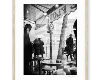 Cafe de Flore Photograph, Paris Photography Print, Black and White Street Photography, Paris Wall Art
