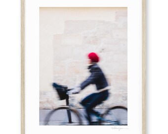 Paris Bicycle Photography Art Print, Girl in Red Beret, Parisian Wall Art, Street Photography