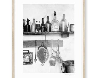 French Country Kitchen Photography Print, Black and White Still Life Photography, Kitchen Wall Art