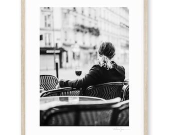 Paris Cafe Black and White Print, Woman with Wine, Paris Wall Art, Street Photography