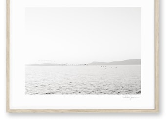 May include: A framed black and white print of a seascape. The image features a calm body of water with a distant shoreline and a flock of birds in flight. The frame is a light wood color.