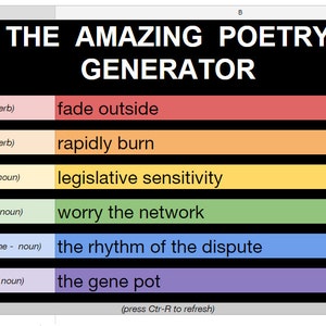 Op de afbeelding: Een kleurrijke spreadsheet met de titel "THE AMAZING POETRY GENERATOR" met witte tekst op een zwarte achtergrond. De spreadsheet heeft gekleurde rijen met zinnen als "fade outside" en "rapidly burn". De onderkant van de afbeelding zegt "(press Ctr-R to refresh)".