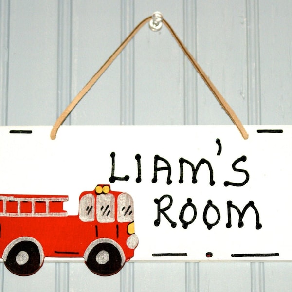 Fire Truck Room Sign, Hand Personalized,  White with Red truck. Kid's Name Plaque. Boy's Room Decor. Children's Name Sign. Kid's Door Sign.