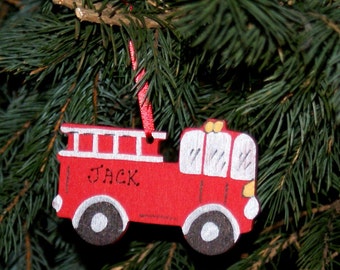 Personalized Christmas Ornament. Personalized Ornament. Painted Wood FIRE TRUCK Ornament, Children's Ornament, Kids Ornament, Boys Ornament.