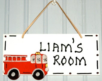 Fire Truck Room Sign, Hand Personalized,  White with Red truck. Kid's Name Plaque. Boy's Room Decor. Children's Name Sign. Kid's Door Sign.