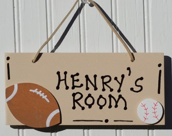 SPORT Room Sign, Football and Baseball Hand Personalized, Tan. Kids Wall Art, Kids Name Sign. Sport Decor. Door Sign.  Boy's Room Decor.