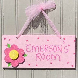 Girl&#39;s FLOWER Room Sign. Hand Personalized. Glittered Flower. Kids Wall Decor. Girls Room Decor. Door Plaque. Girls Name Sign. Made in USA.