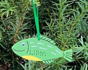 FISH Personalized Ornament. Personalized Christmas Ornament. Boy's Ornament. Girl's Ornament. Kids Ornament. Personalized Wood Ornament.