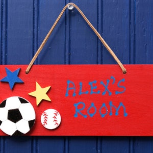 SPORT Room Sign, Hand Personalized, Red. Soccer, Baseball, Star Cutouts. Boy&#39;s Room Decor. Sport Decor. Kids Door Plaque. Boy&#39;s Name Sign.