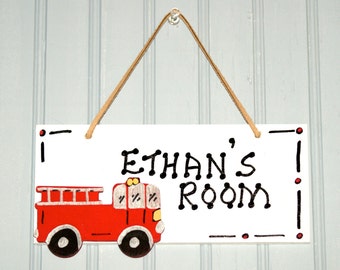Fire Truck Door Sign, White. Red Fire Truck Cutout, Boy's Room Sign. ETHAN. Boys Room Decor. Hand Personalized.Firetruck Decor. Door Plaque