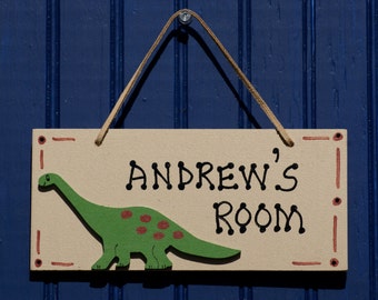 Dinosaur Name Sign, Tan. Hand Personalized. Green Dino Cutout. Kids Wall Art. Kids Name Plaque. Door Sign. Boy's Room Decor. Room Sign.