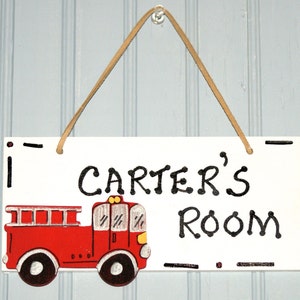 FIRE TRUCK Door Plaque, Hand Personalized, White. Red Fire Truck Cutout. Boy's Room Decor. Kids Name Sign. Boy's Room Sign. Fire Truck Decor