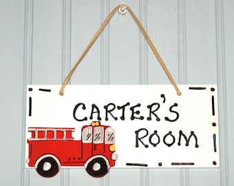 FIRE TRUCK Door Plaque, Hand Personalized, White. Red Fire Truck Cutout. Boy's Room Decor. Kids Name Sign. Boy's Room Sign. Fire Truck Decor