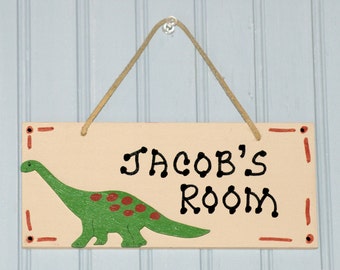 Dinosaur Name Sign, Tan. Hand Personalized. Green Dino Cutout. Kids Wall Art. Kids Name Plaque. Door Sign. Boy's Room Decor. Room Sign.