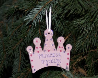 PRINCESS Crown Ornament, Personalized Ornament, Hand Personalized. Girl's Christmas Ornament, Personalized Princess Ornament, Wood Ornament.