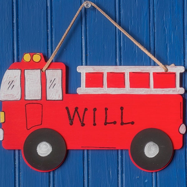 FIRE TRUCK Room Sign, Hand Personalized, Red. Cutout Design. Boy's Room Decor. Kid's Name Plaque. Children's Name Sign. Gift for Boys.