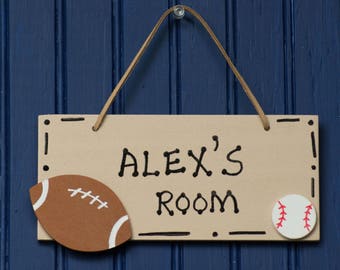 SPORT Room Sign, Personalized. Football and Baseball Personalized Name Sign, Tan. Boy's Room Decor. Sport Decor. Door Sign. Kids Door Plaque