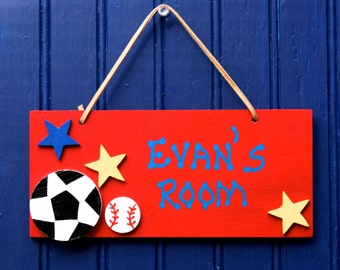 SPORT Door Sign, Hand Personalized. Soccer, Baseball, Stars Cutouts. Kid's Room Decor. Boy's Room Sign, Sport Decor. Soccer Name Sign.