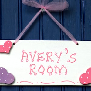 Heart Room Sign, White. Hand Personalized Girl&#39;s Door Sign. Pink, Purple Heart Cutouts.  Kid&#39;s Door Plaque. Girl&#39;s Room Decor. Name Sign.