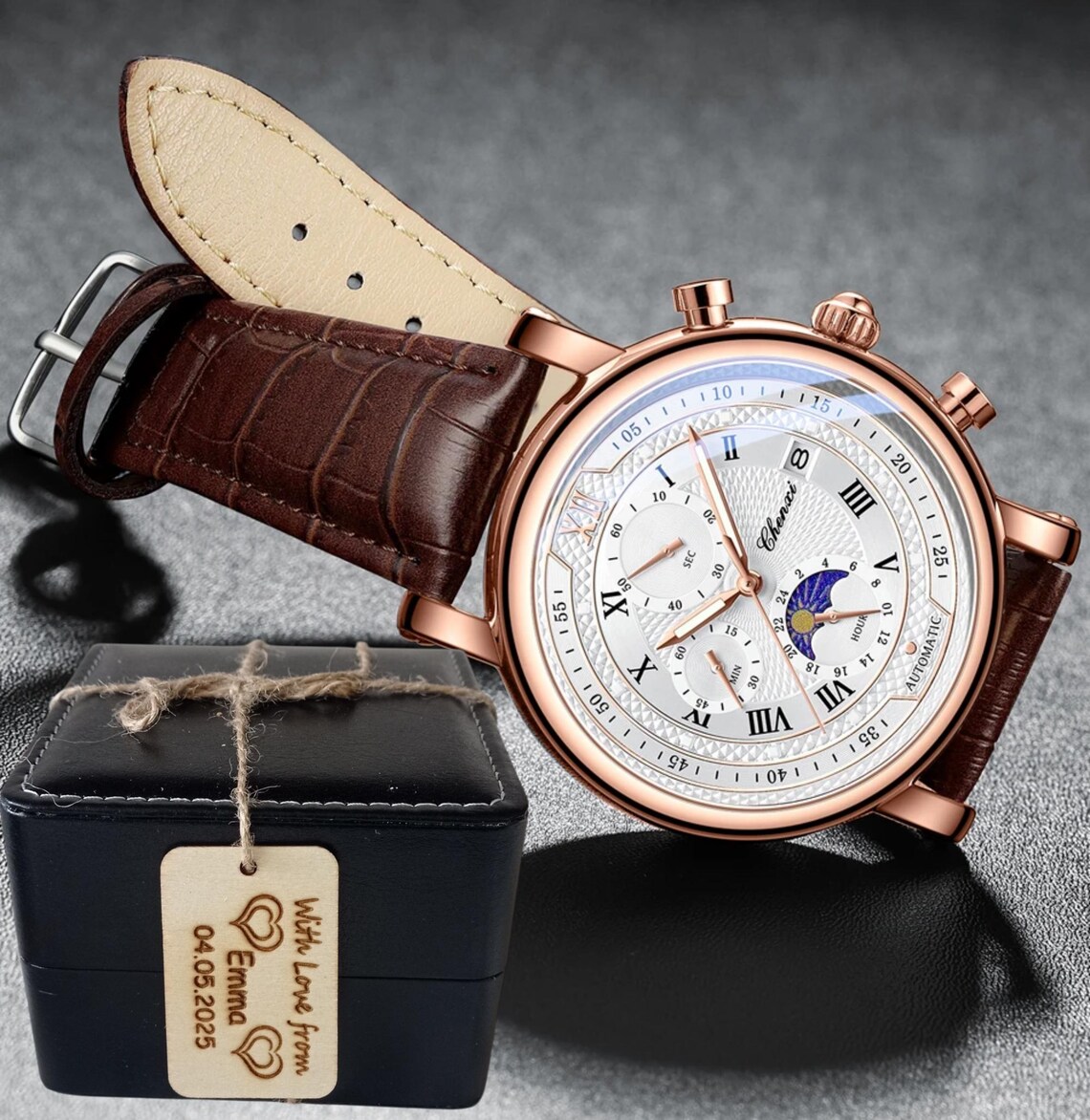 Orologio cronografo di lusso da uomo con cinturino in pelle marrone, etichetta regalo