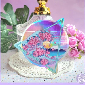 Floral Wave Sticker - Vaporwave Kanagawa Fuji Geometric Cherry Flower Mirror Holographic Sticker | Vapor Spring series | Cosmicwave Paradise