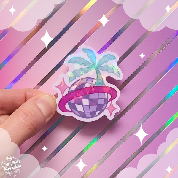 Groovy Planet Sticker - Vaporwave Disco Ball Planet Star Palmtree Holographic Vinyl Sticker | Funky System series | Cosmicwave Paradise